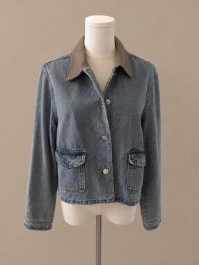 Dazy Women's Light Blue Denim Jacket with Brown Leather-Look Collar